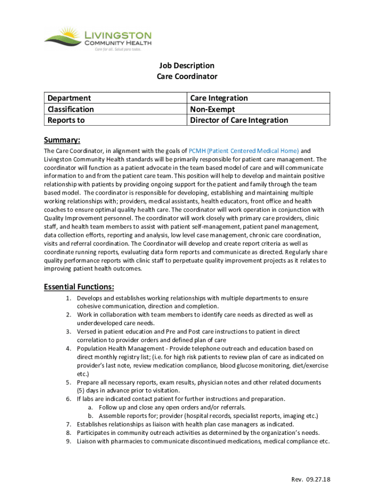 Fillable Online Care Coordinator Job Description TemplateWorkable Fax Fillable Online Care Coordinator Job Description TemplateWorkable Fax