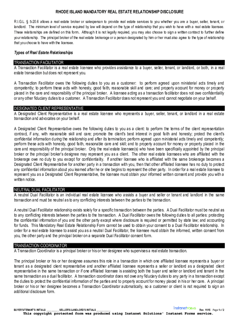 Fillable Online dbr ri RHODE ISLAND MANDATORY REAL ESTATE RELATIONSHIP