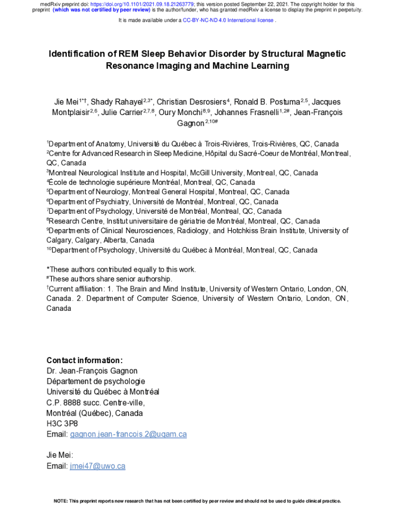 Fillable Online Identification of REM Sleep Behavior Disorder by