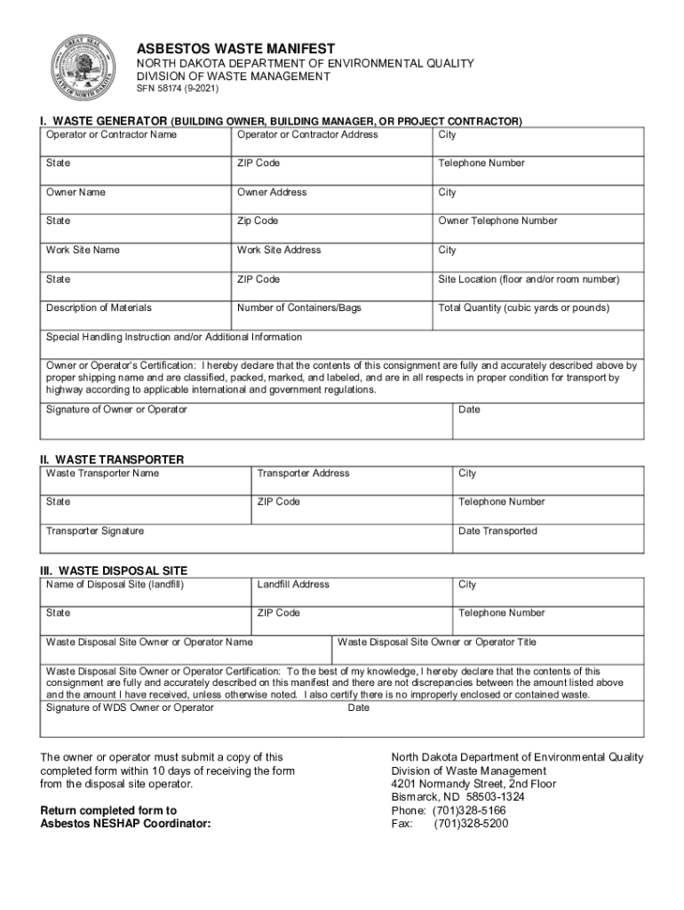 North Dakota Department of Environmental Quality Asbestos Waste Manifest North Dakota Department of  Preview on Page 1