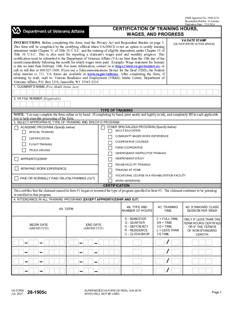 VA Form 28-1905c CERTIFICATION OF TRAINING HOURS, Preview on Page 1