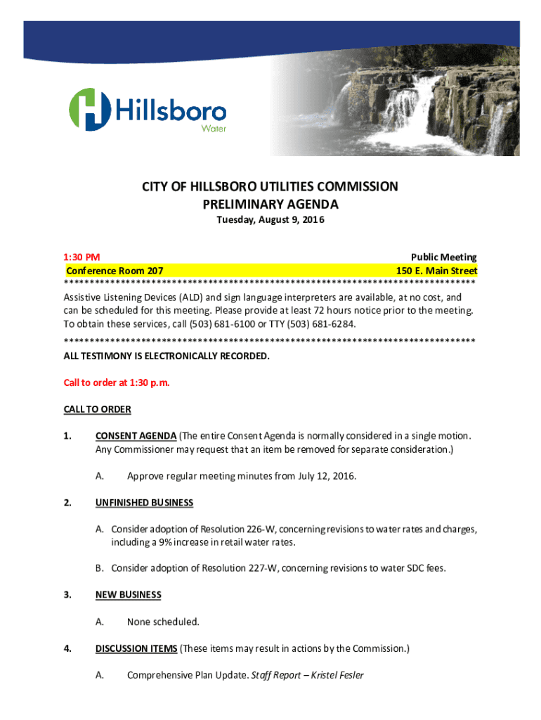 Fillable Online CITY OF HILLSBORO UTILITIES COMMISSION PRELIMINARY