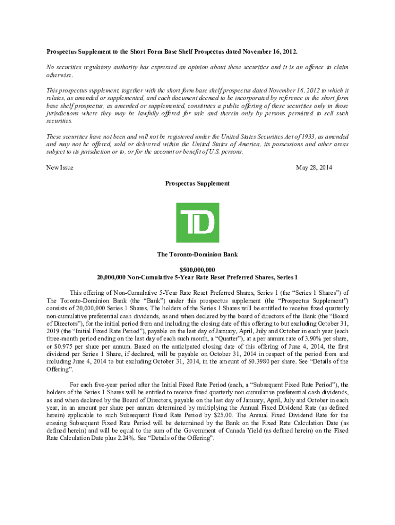 Fillable Online Prospectus Supplement To Short Form Base Shelf