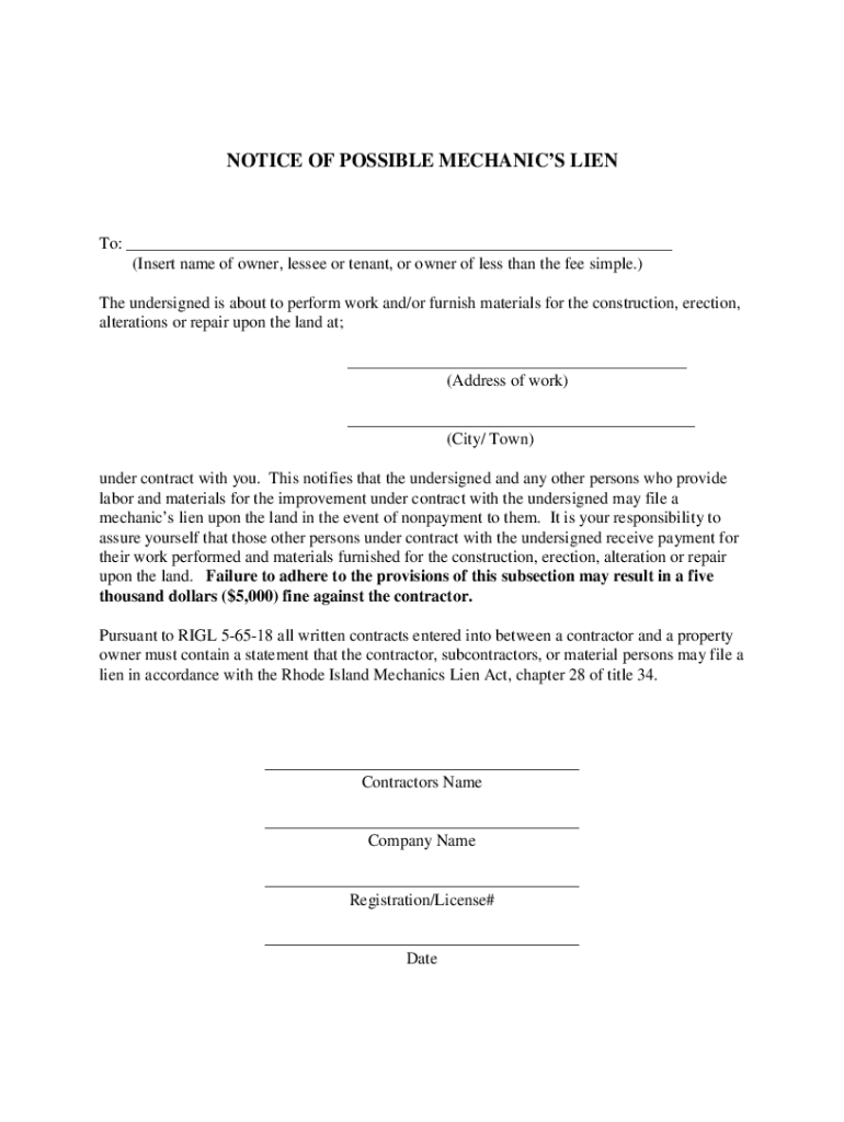 Fillable Online crb ri MECHANIC'S LIEN Sample Clauses Law InsiderMECHANIC'S LIEN Sample