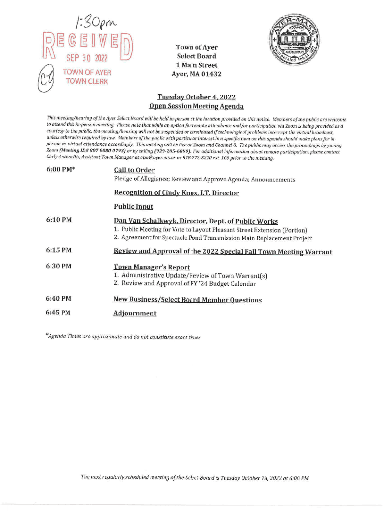 Fillable Online Town of Ayer TOWN OF AYER Select Board TOWN CLERK