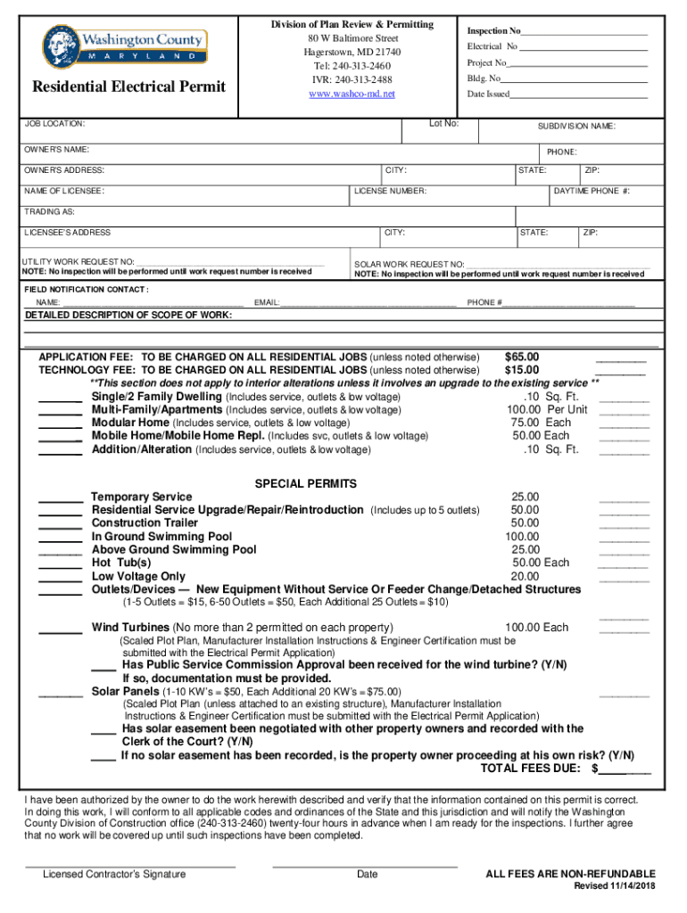 Fillable Online Residential Electrical Permit Washington County