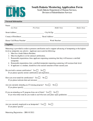 Fillable Online dhs sd dhs.sd.govdocsMentoring-ApplicationSouth Dakota ...