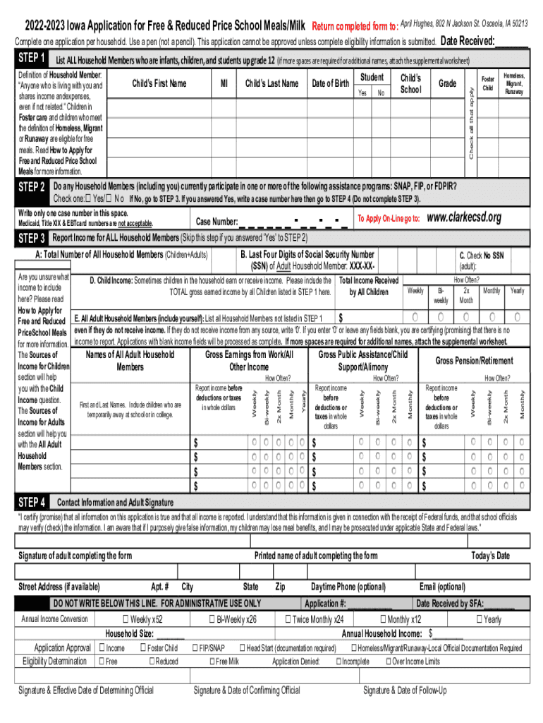 Fillable Online 20222023 Iowa Application for Free & Reduced Price