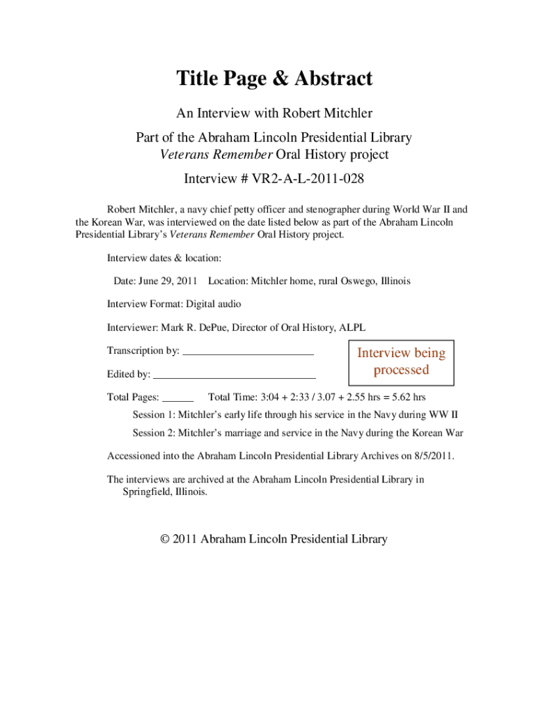 Fillable Online Oral History Interview - World War II Robert Mitchler ...