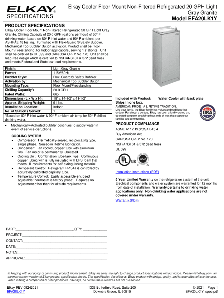 Fillable Online Elkay Cooler Floor Mount Non-Filtered Refrigerated 20 ...