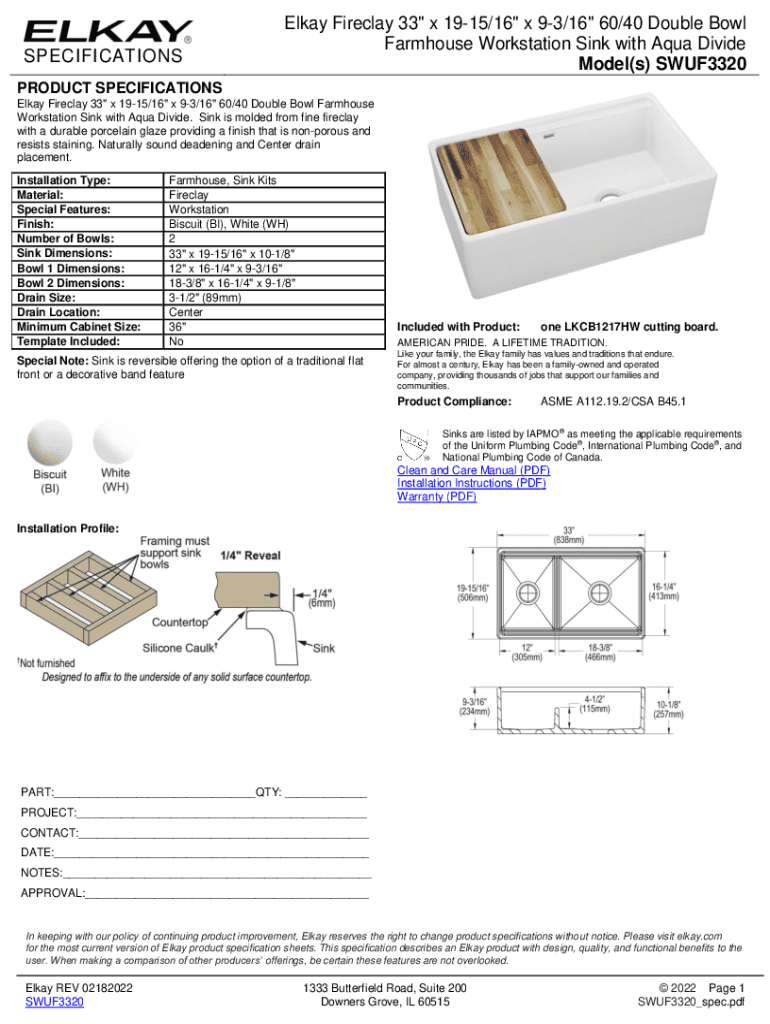 Fillable Online Elkay SWUF3320WH Fireclay 60/40 Double Bowl Farmhouse