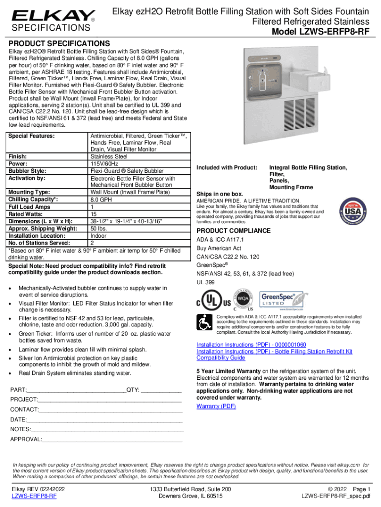 Fillable Online Elkay EZWSRK EZH2O Bottle Filling Station, Retrofit