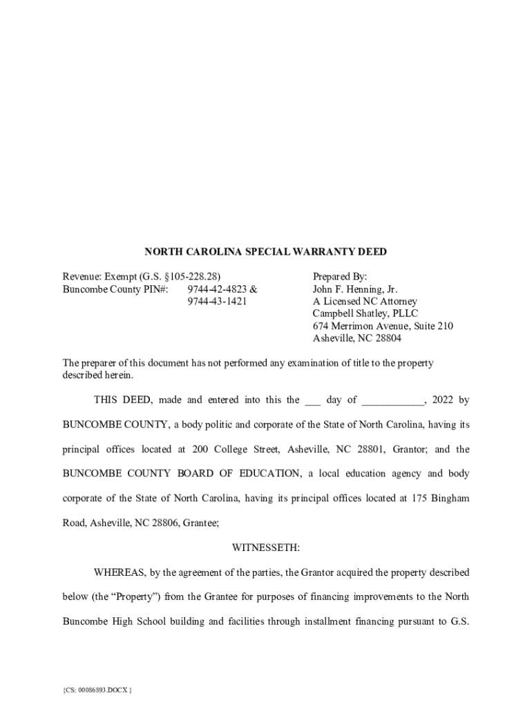 Fillable Online Special Warranty Deed Form North CarolinaDeeds.comSpecial Warranty Deed Form ...