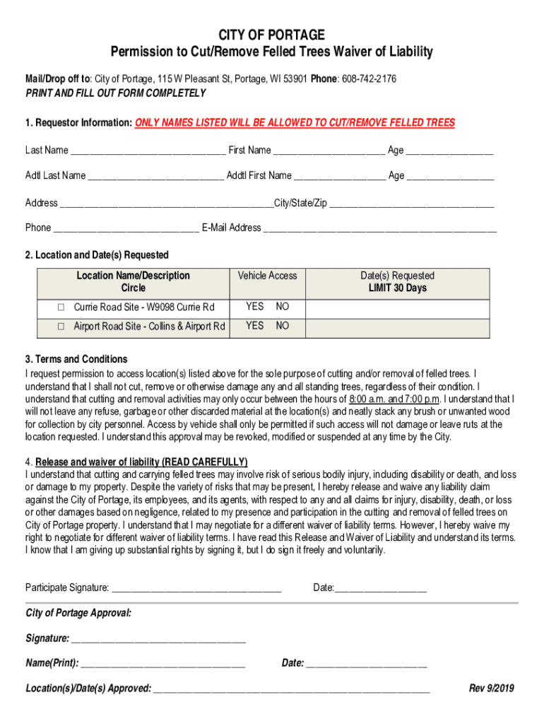 Fillable Online CITY OF PORTAGE Permission to Cut/Remove Felled Trees