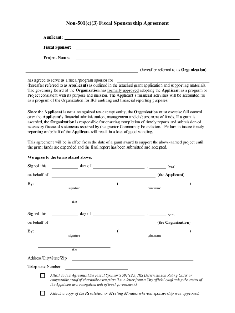 siouxcenter DocumentCenterViewNon-501(c)(3) Fiscal Sponsorship Agreement - Sioux Center, Iowa Preview on Page 1
