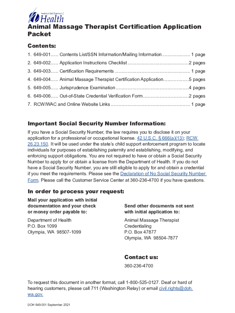 Fillable Online doh wa Animal Massage Therapist Certification Application Packet Fax Email Print