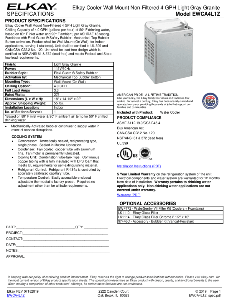 Fillable Online Elkay Legacy Wall Mount Cooler Non-filtered ...