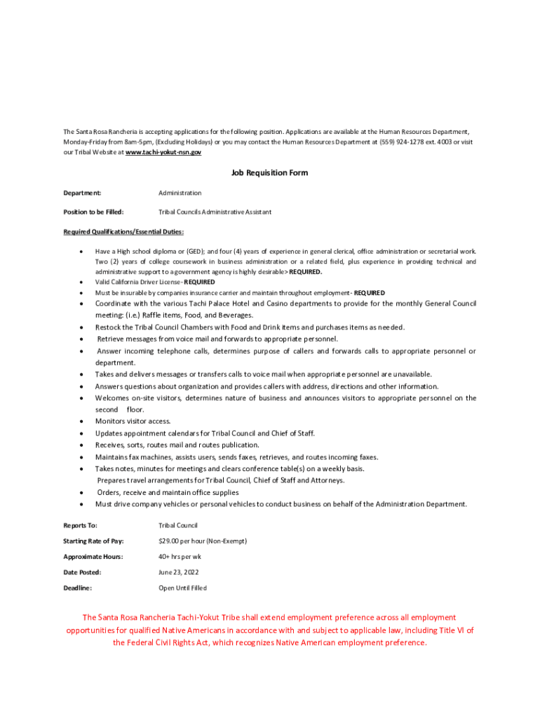 Fillable Online Job Requisition Form The Santa Rosa Rancheria Tachi