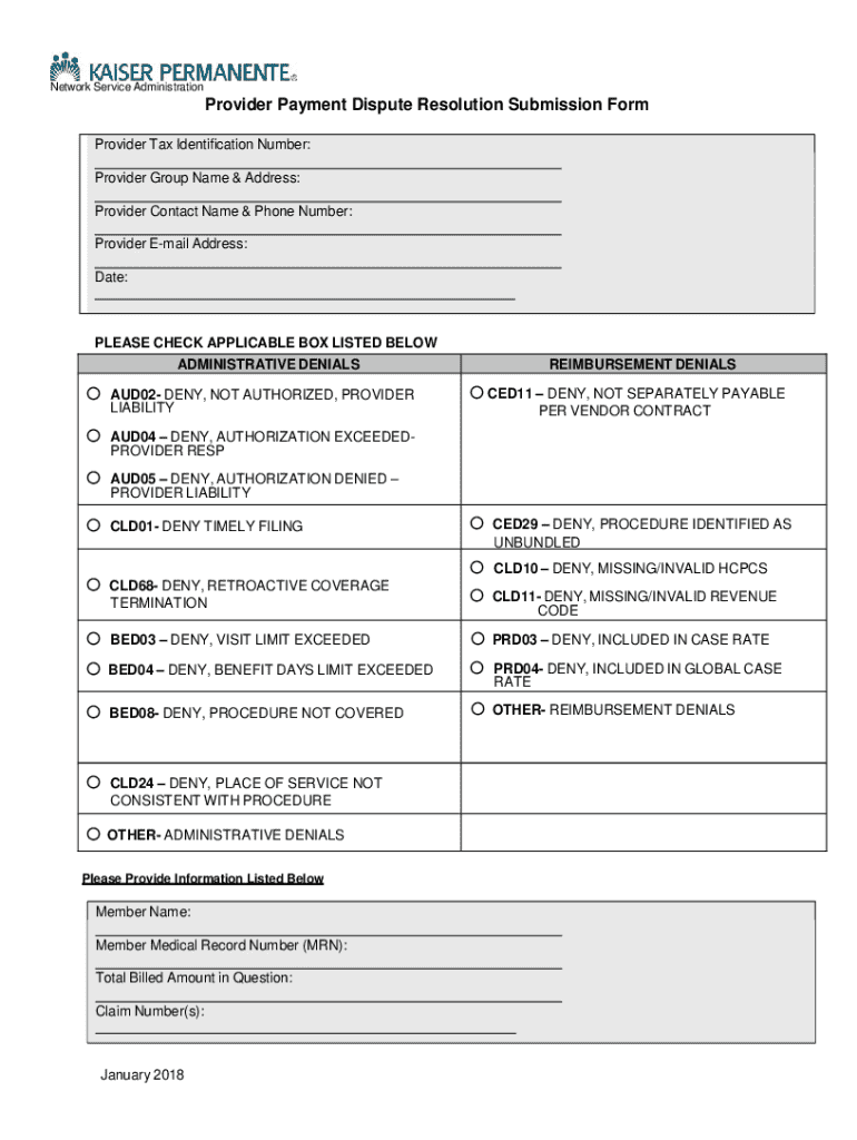 Provider Payment Dispute Resolution Form Preview on Page 1