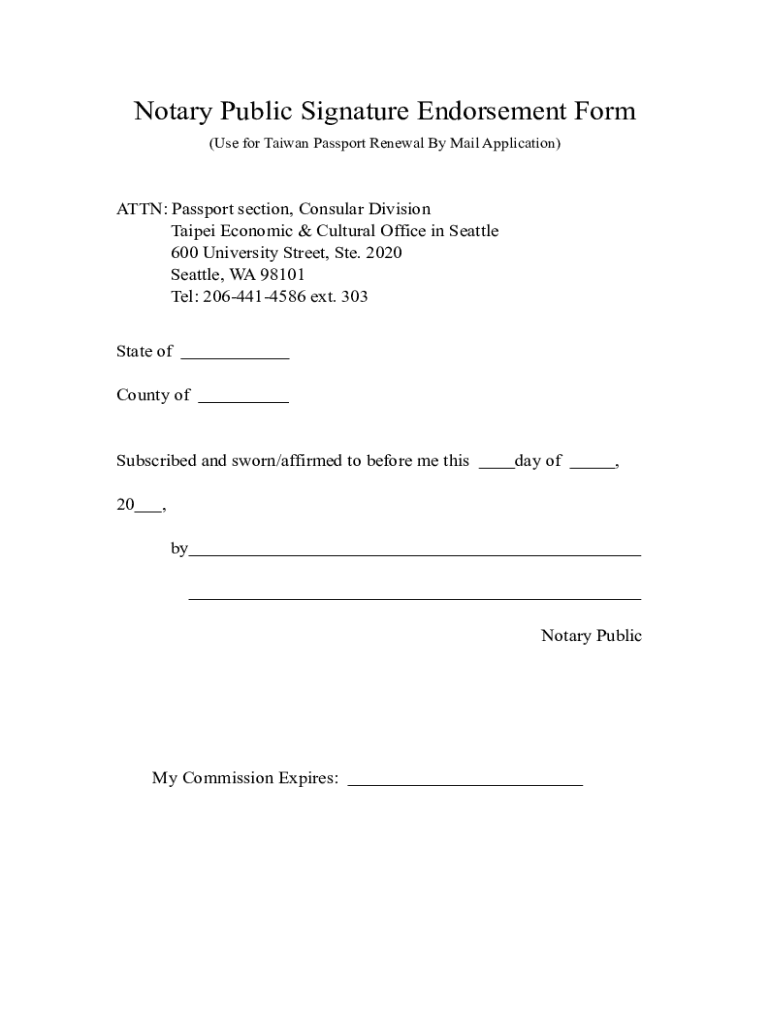 Fillable Online Notary Public Signature Endorsement Form Fax Email