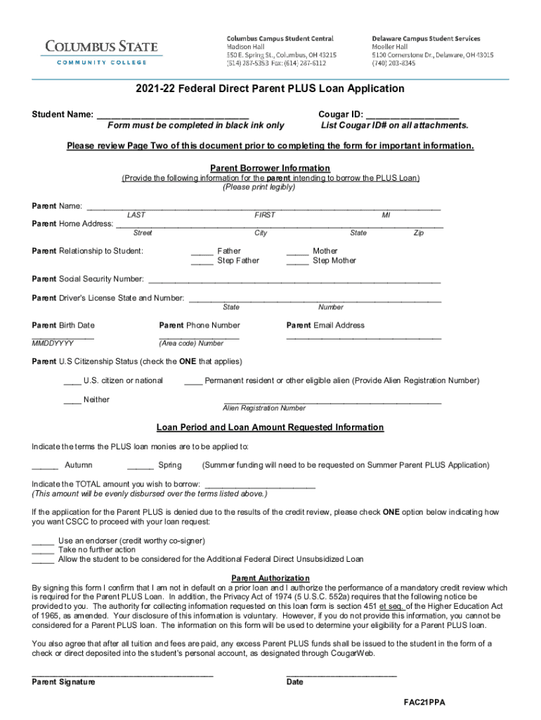 Fillable Online 2021 22 Federal Direct Parent PLUS Loan Application Fax Fillable online 2021 22 federal direct parent plus loan application fax