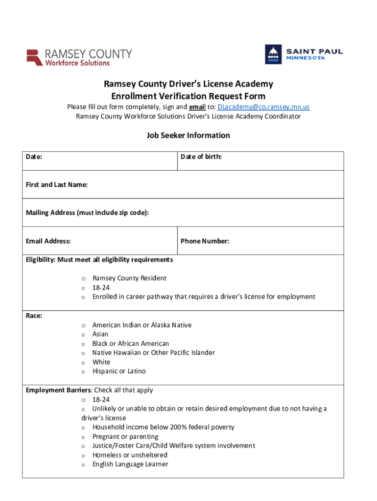 Fillable Online Ramsey County Drivers License Academy Enrollment