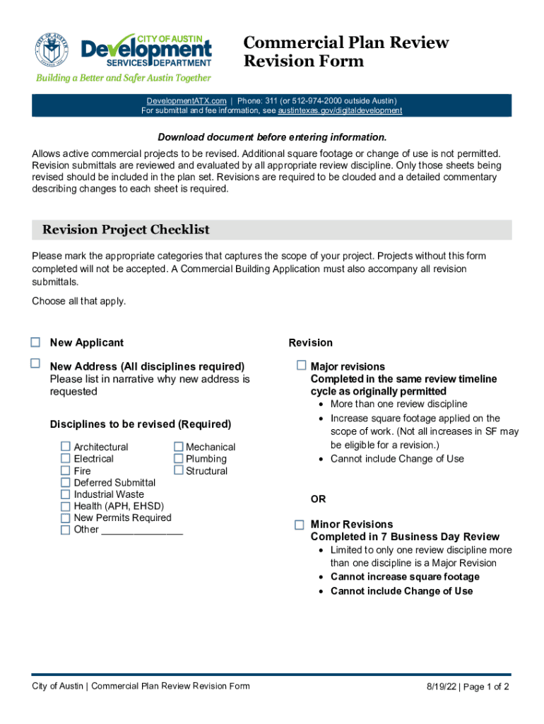 Commercial Plan Review Revision Form Plan Review Revision Form in Austin, Texas Preview on Page 1