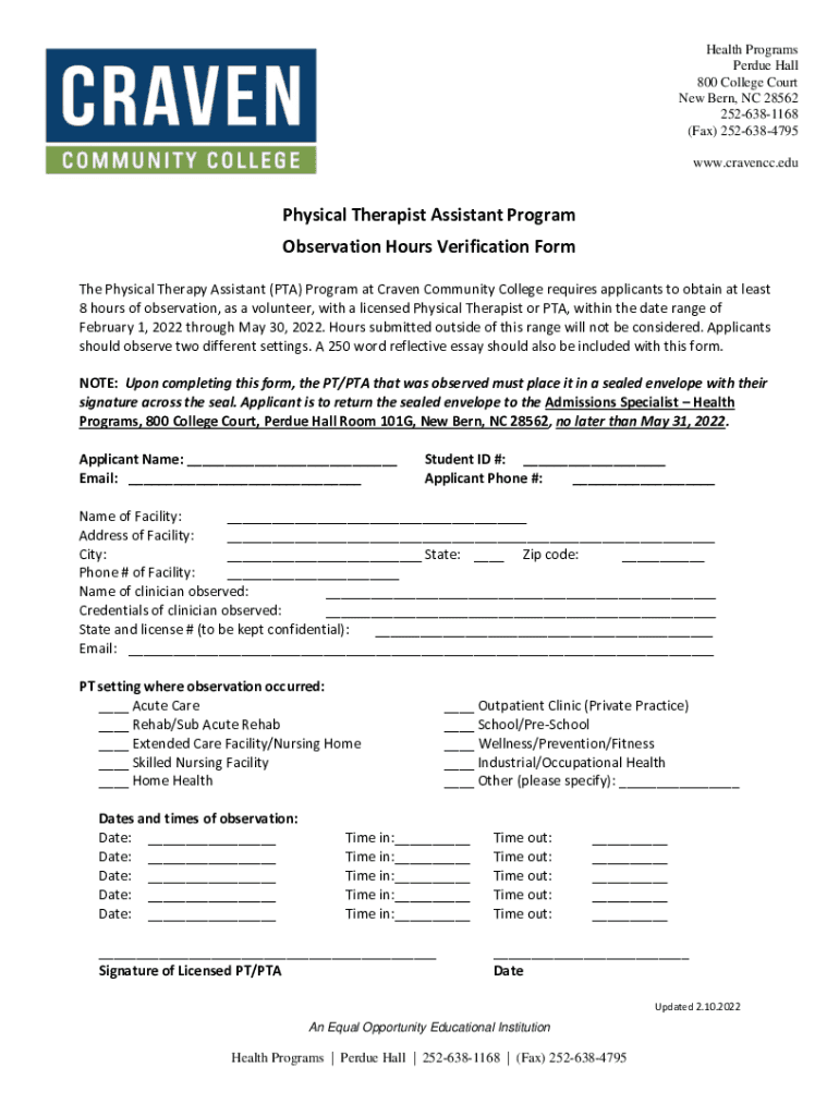 Fillable Online PTA Observation Hours Verification Form Fax Email Print - pdfFiller