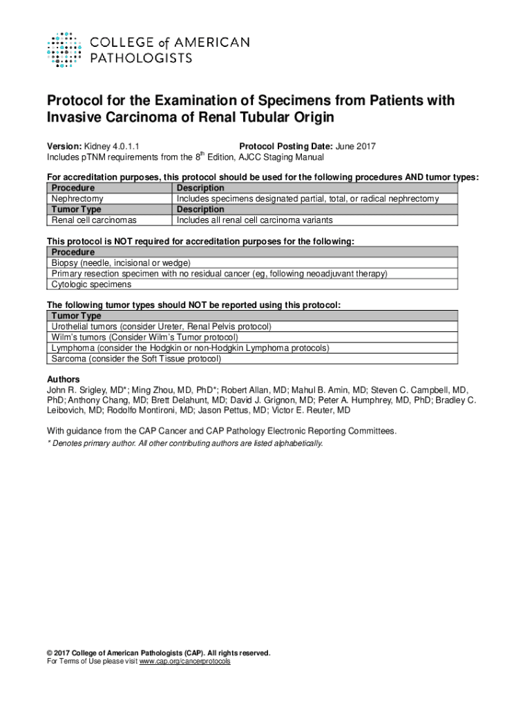 Fillable Online CAP Cancer Protocol Kidney - College of American ...