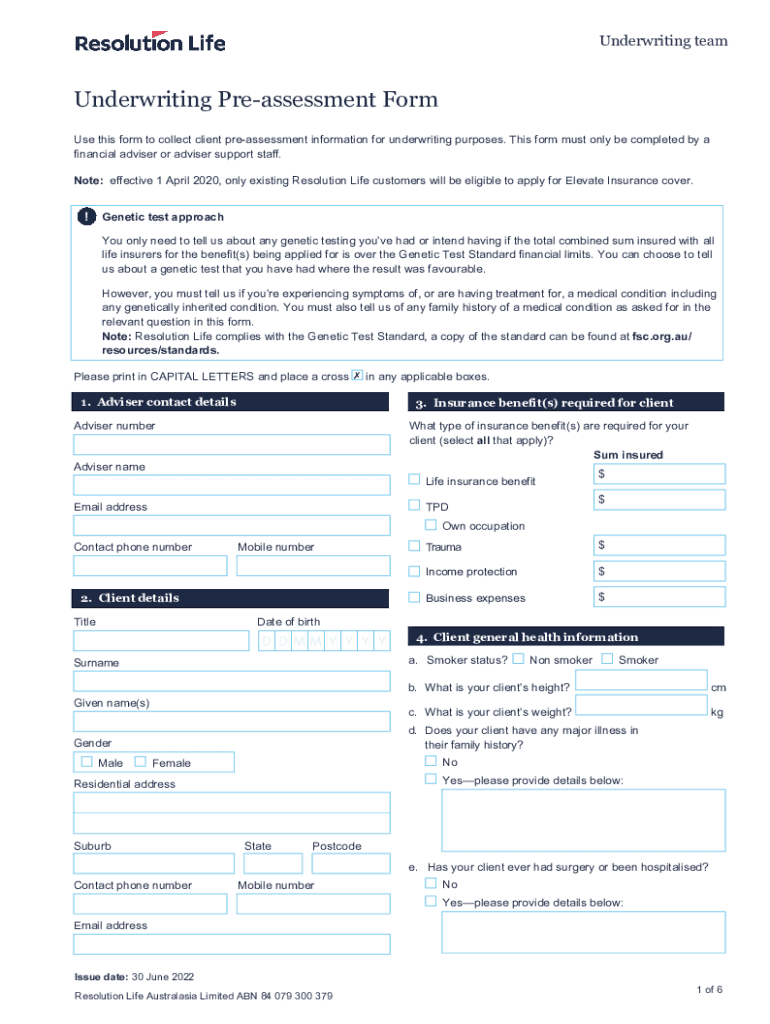 Fillable Online Get the free Underwriting preassessment form AMP