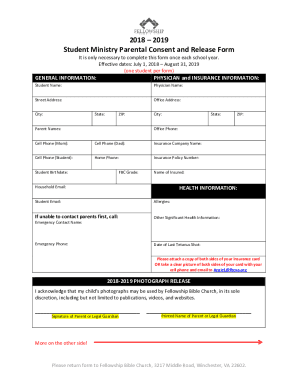 Fillable Online 2019 Student Ministry Parental Consent and Release Form ...