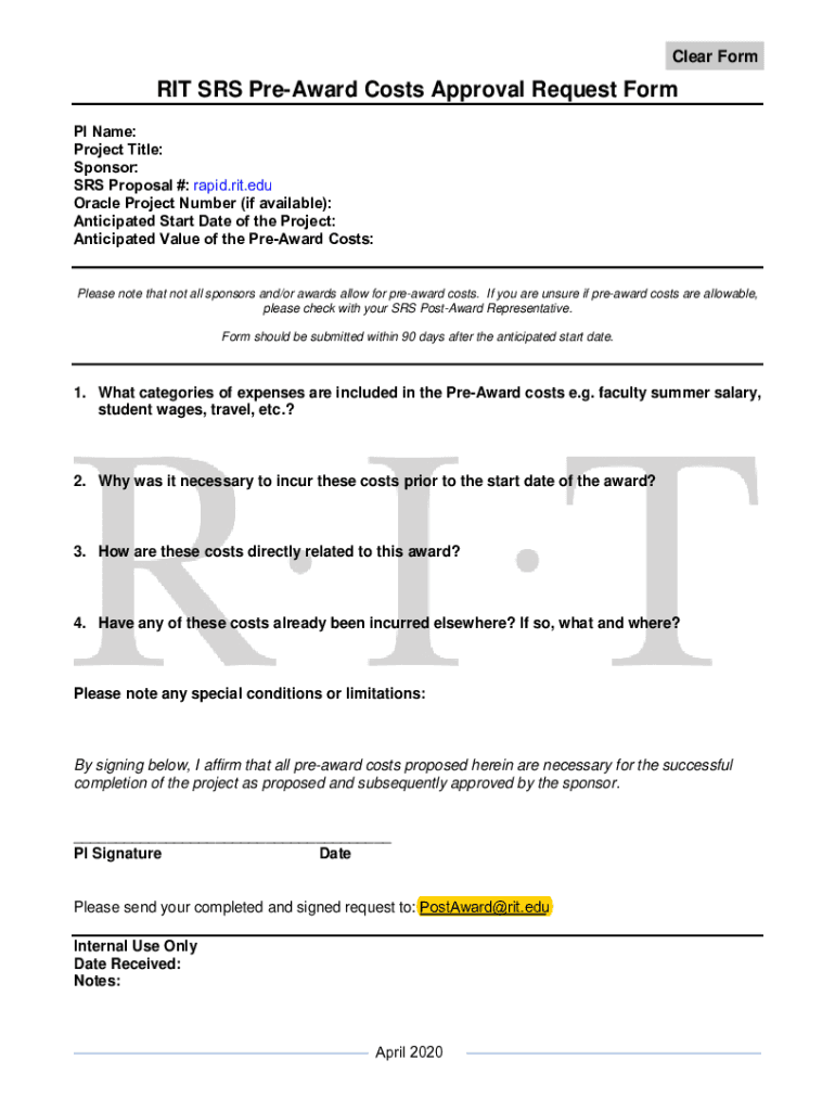 Fillable Online RIT SRS PreAward Costs Approval Request Form Fax Email
