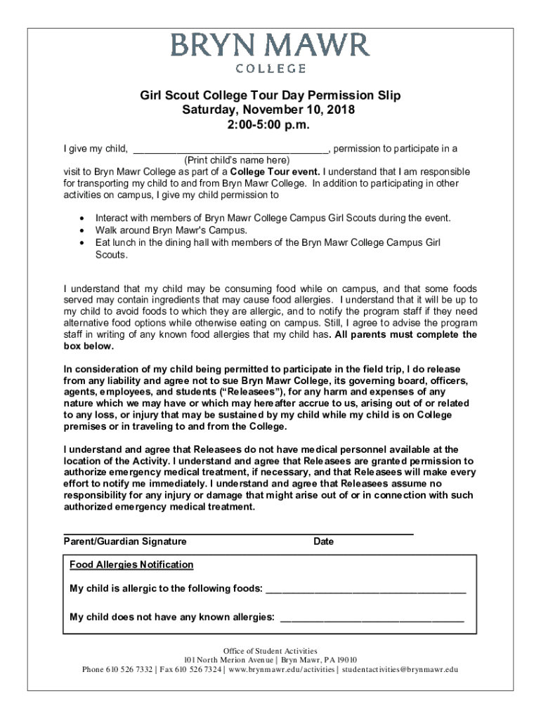 Fillable Online Girl Scout College Tour Day Permission Slip Saturday, November Fax Email