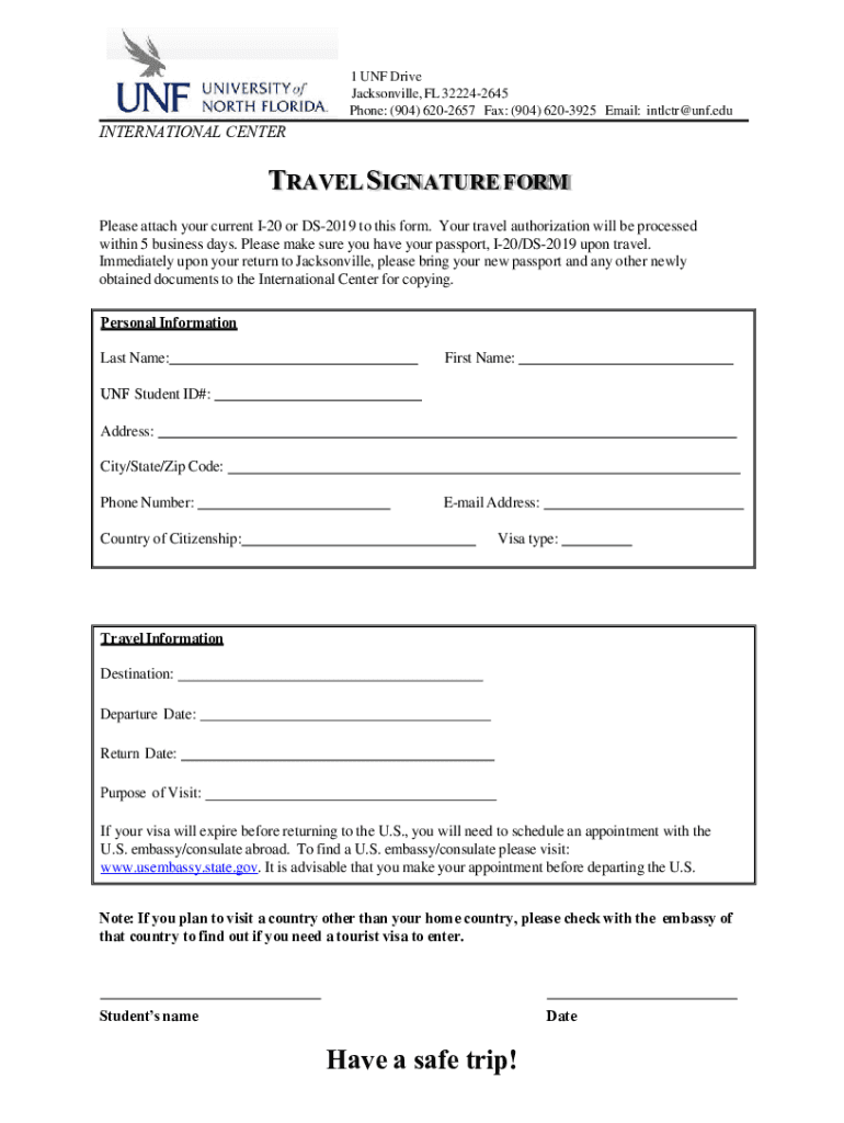 Fillable Online Travel Signature Form University of North Florida Fax