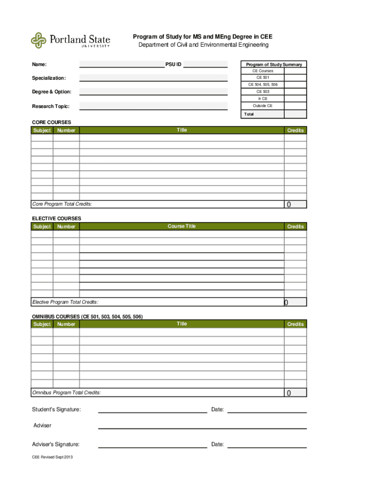 Fillable Online CEE Program of Study Form for MS and MEng Degree Fax ...