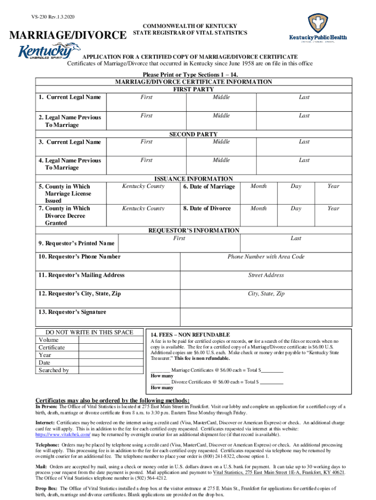 chfs ky FormsVS230MARRIAGEDIVORCEAPPCOMMONWEALTH OF KENTUCKY MARRIAGE DIVORCE STATE REGISTRAR OF Preview on Page 1