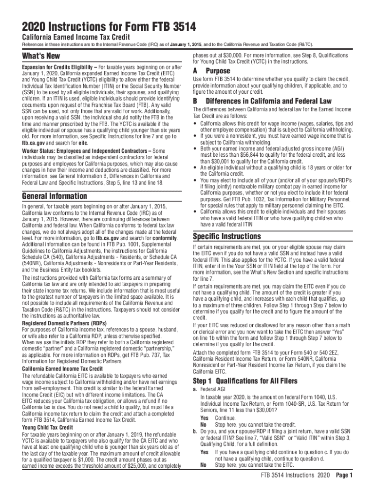 2020 Instructions for Form FTB 3514, California Earned Income Tax Credit Preview on Page 1