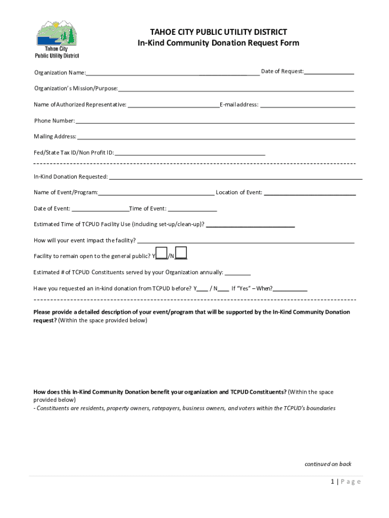 Fillable Online TAHOE CITY PUBLIC UTILITY DISTRICT InKind Community