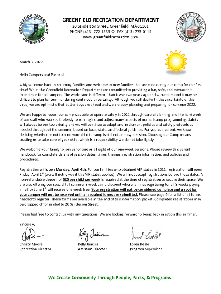 Fillable Online greenfieldma.govp37Recreation Department City of