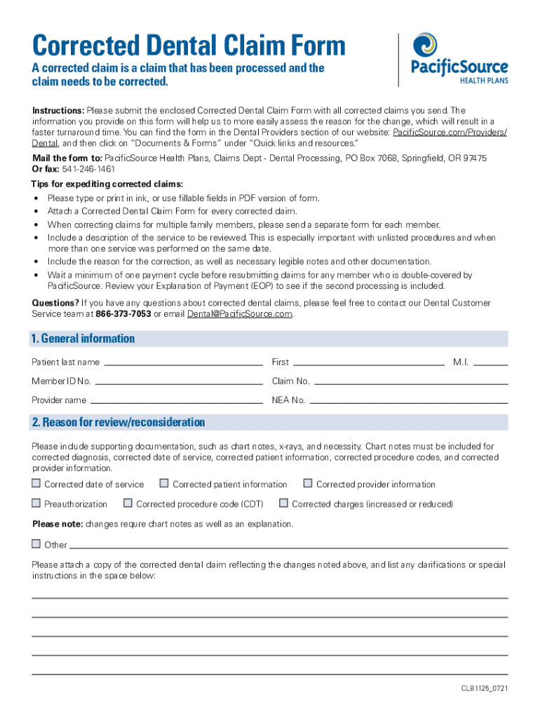 Fillable Online Corrected Dental Claim Form Fax Email Print pdfFiller