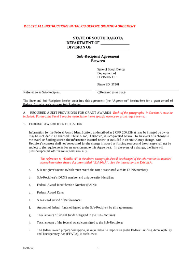 STATE OF SOUTH DAKOTA DEPARTMENT OF DIVISION OF SubRecipient Agreement