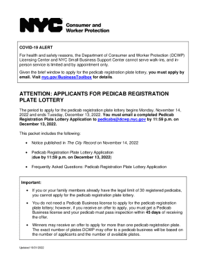 Pedicab Registration Plate Lottery Application Packet
