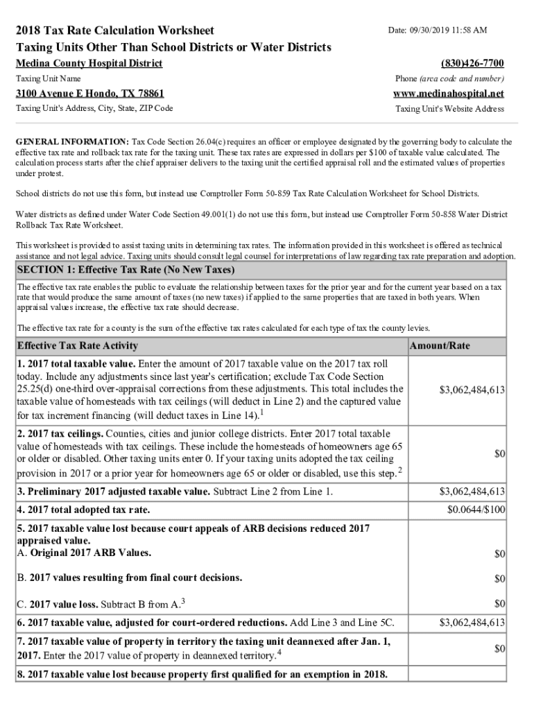 Fillable Online 2018 Tax Rate Calculation Worksheet Medina County