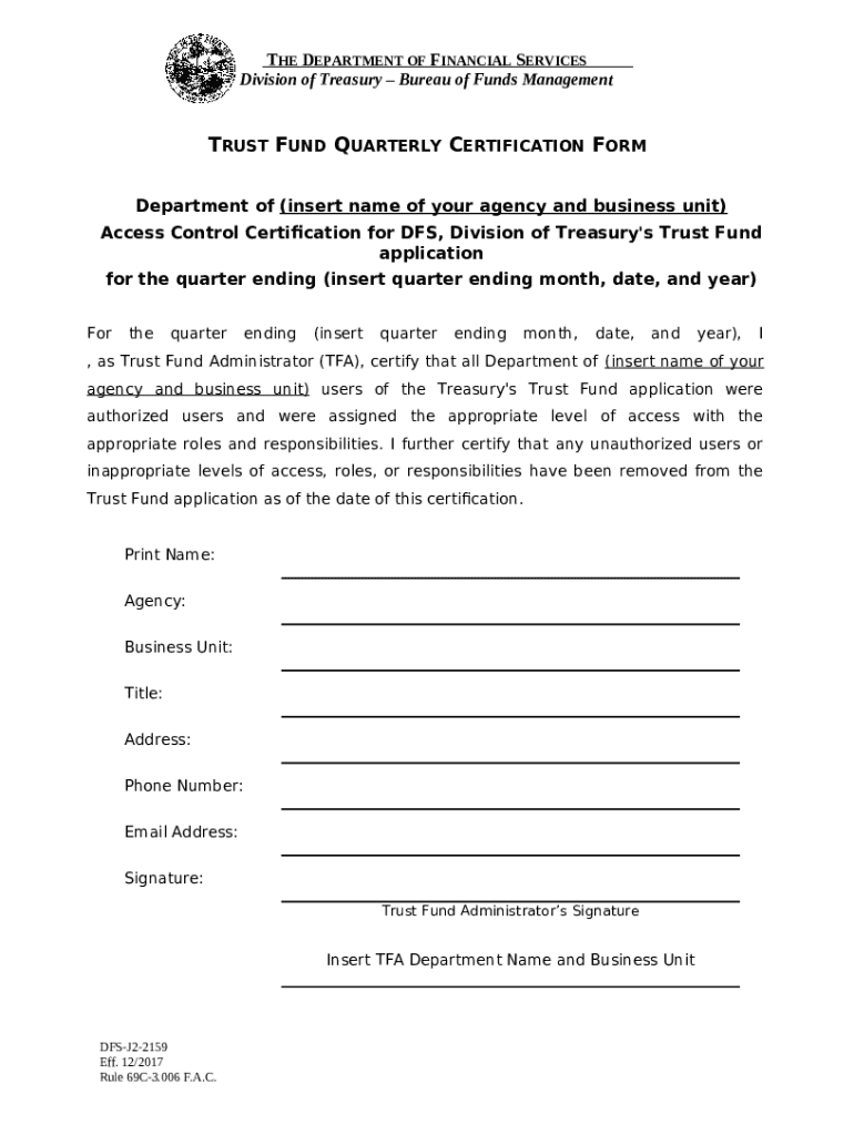 Trust Fund Quarterly Certification Doc Template pdfFiller