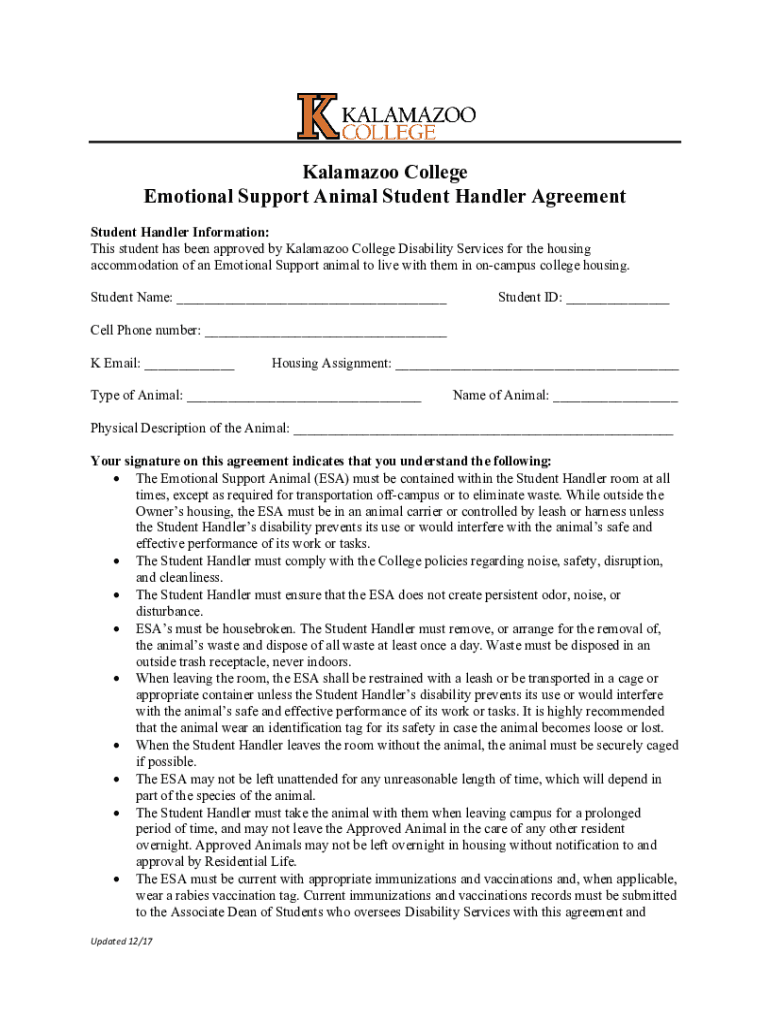 Fillable Online Emotional Support Animal Handler Agreement Form Fax