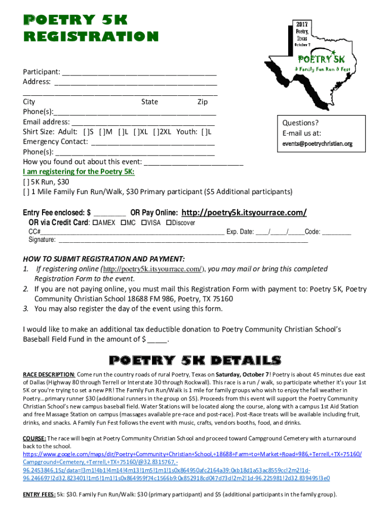 Fillable Online Poetry 5K Color Run in Poetry, TX Details