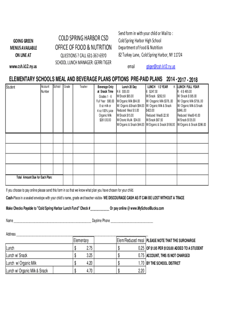 Fillable Online COLD SPRING HARBOR CSD OFFICE OF FOOD & NUTRITION Fax