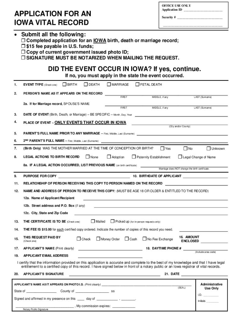 Fillable Online APPLICATION FOR AN IOWA VITAL RECORD Fax Email Print