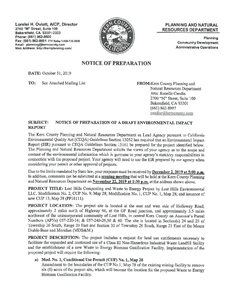 Fillable Online Notice of Preparation. Lost Hills Composting and Waste
