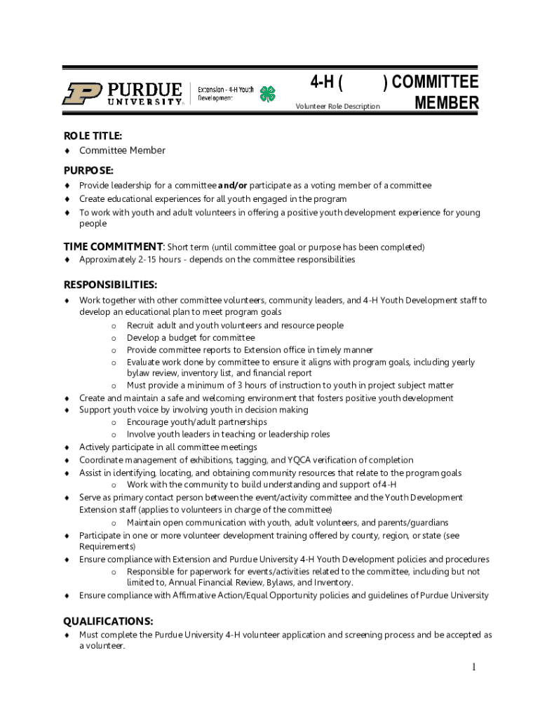 Fillable Online extension purdue VOLUNTEER JOB DESCRIPTION COMMITTEE